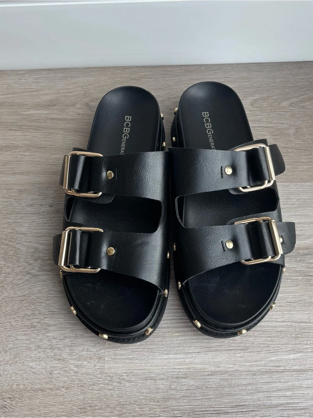 BCBGeneration Black Double Buckle Studded Slide Sandal - Picture 3 of 6